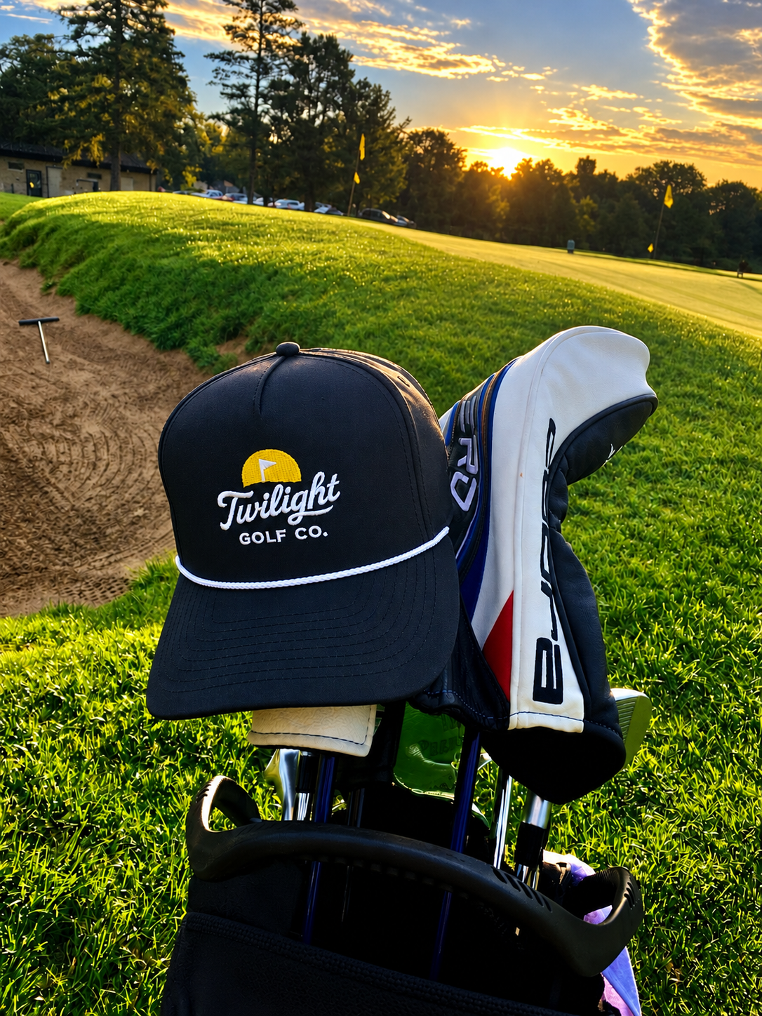 Twilight Golf Co. Signature rope hat on a golf bag at sunset, with the embroidery clearly visible.